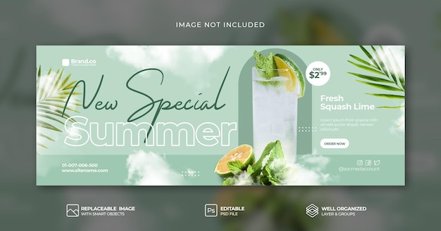 Speciale zomer-limoenpompoen-menupromotie sociale media facebook omslagbanner psd-sjabloon