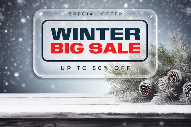 PSD specjalna oferta zimowa wielka sprzedaż szablon plakat z zimowe wyświetlanie gałęzie sosny na śnieżnym stole