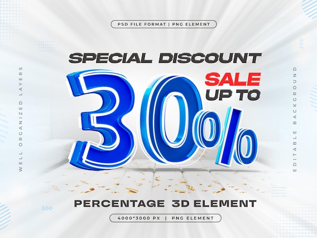 PSD specjalna sprzedaż zniżki do 30 banner promocyjny 3d render ilustracja