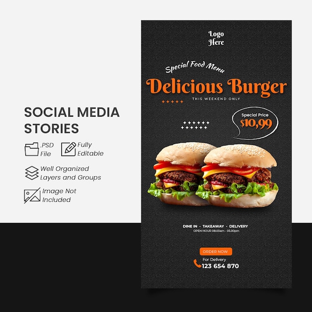 PSD specjalne menu burger instagram historia post szablon projektowania edytowalny czarny design historie szablon menu