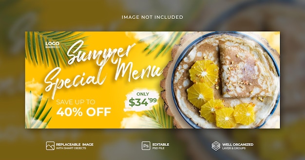 Specjalne menu Summer Food na temat promocji drewna na okładce na facebooku szablon PSD