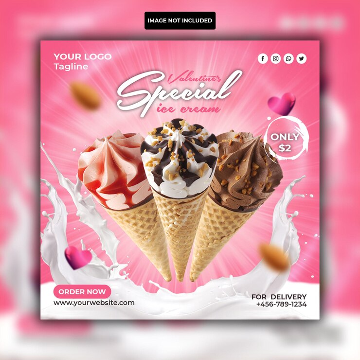 Specjalne pyszne lody walentynkowe w mediach społecznościowych szablon projektu postu