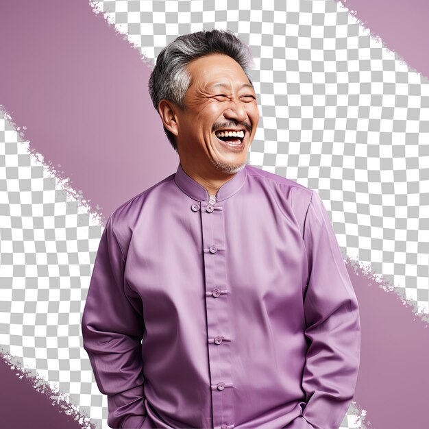 Speelse aziatische man in naaikleding met lavendelachtergrond