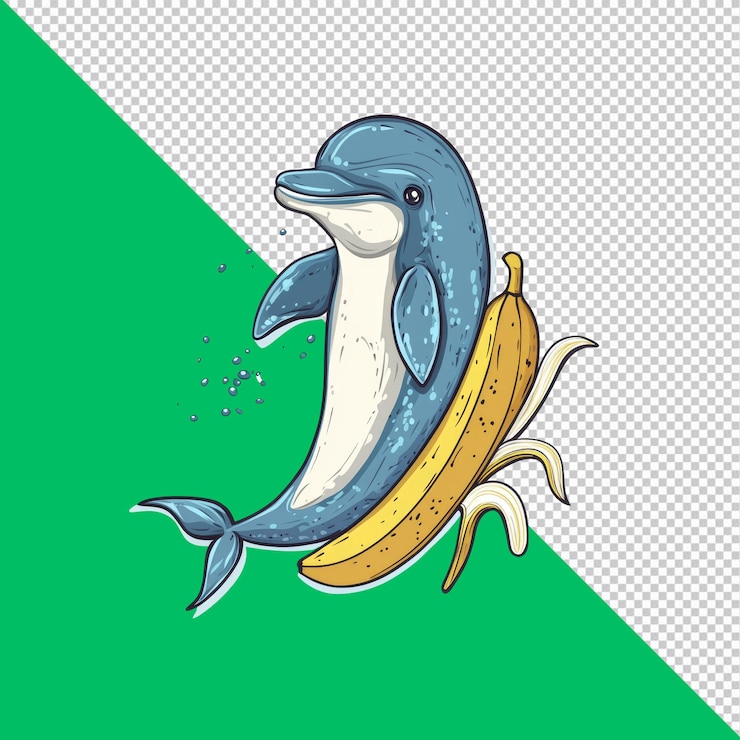 PSD speelse dolfijn die op een banaan rijdt leuke vectorillustratie
