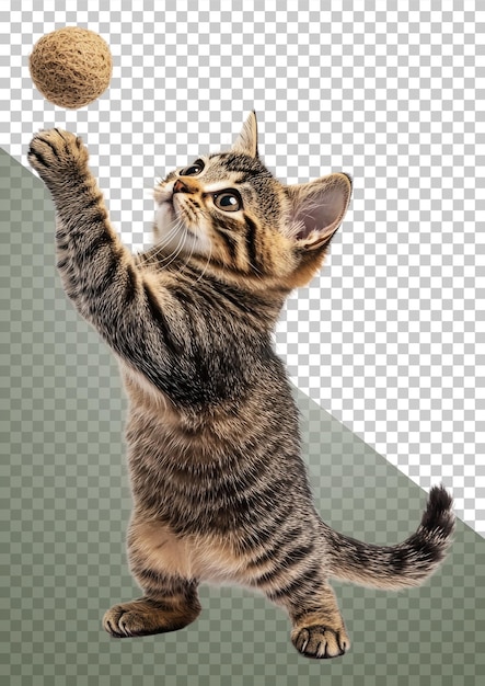 Speelse kitten die naar een speelgoedbal strekt binnen gesneden stock png