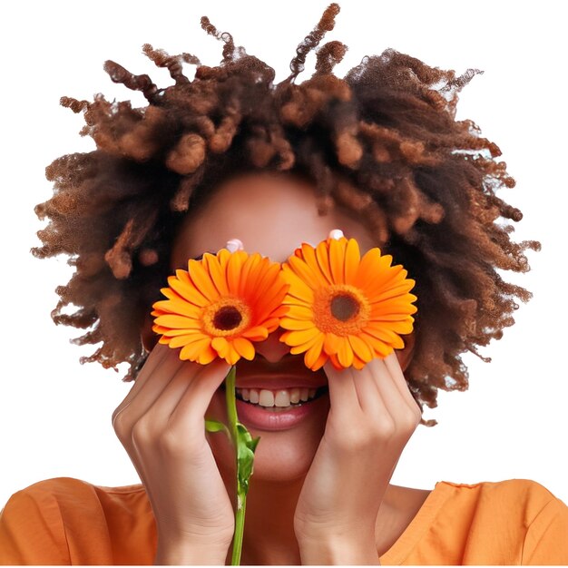 PSD speelse, positieve afro-amerikaanse vrouw bedekt ogen met verse bloemen en is nonchalant gekleed