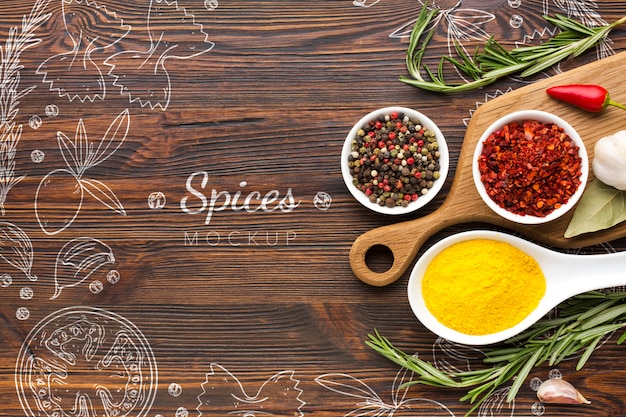 PSD spices doodles surrounded by spices and herbs