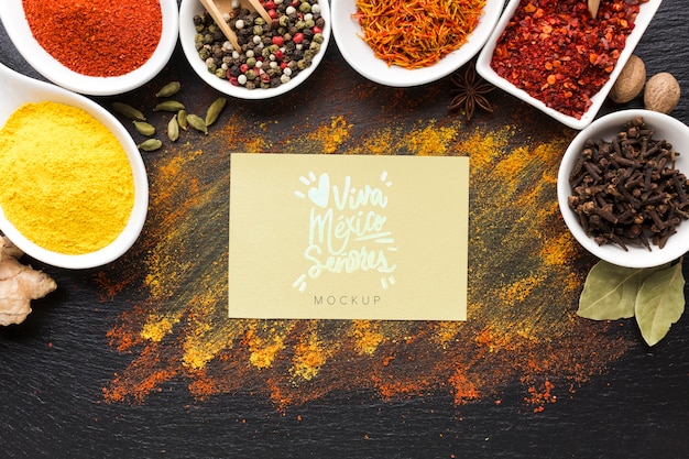 PSD spices and herbs mock-up with viva mexico card top view