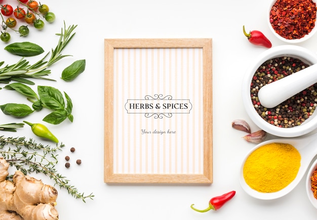 Spices and herbs mock-up and wooden frame