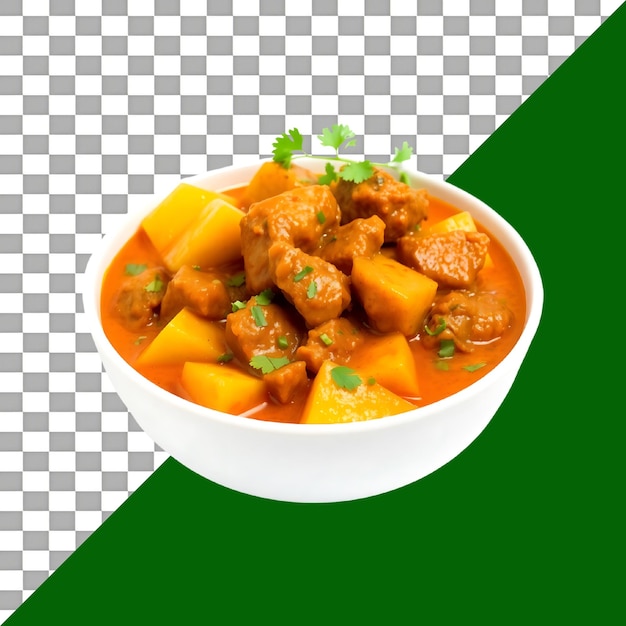 Spicy Beef Curry with Potatoes and Herbs in bowl on transparent background