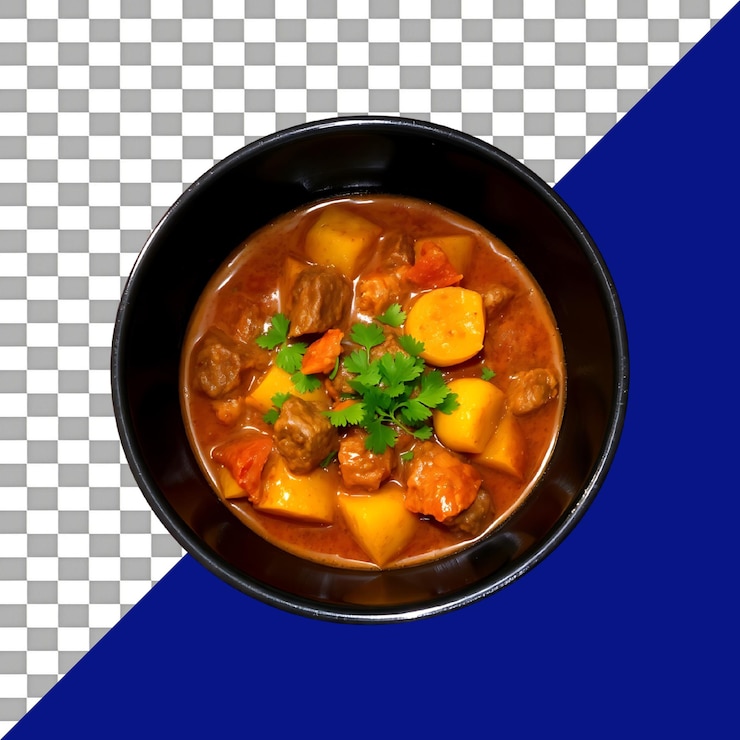 PSD 肉咖哩,土豆和草藥在透明背景上的碗中