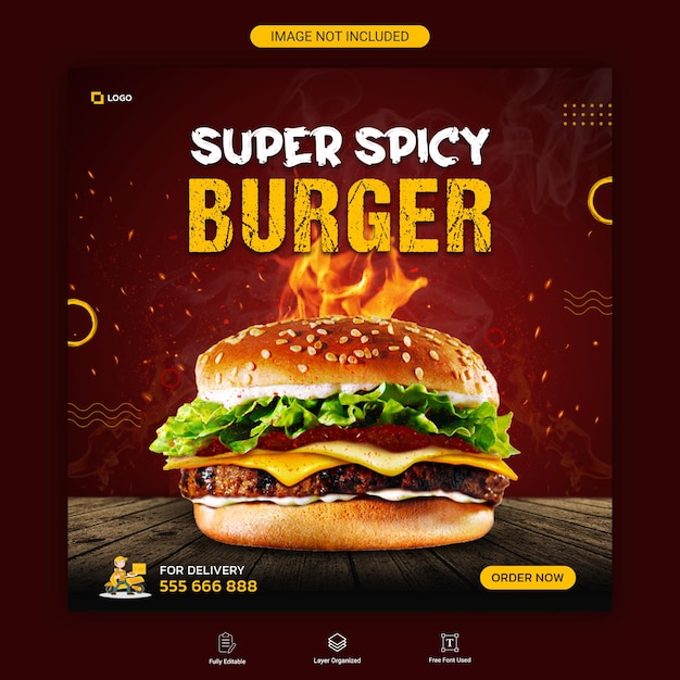 PSD Шаблон оформления поста в социальных сетях spicy burger food