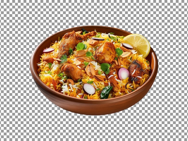 Spicy chicken biryani with vegetables isolated on transparent background