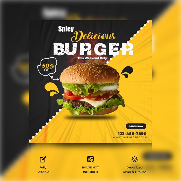 Spicy delicious burger social media banner en instagram-berichtsjabloon