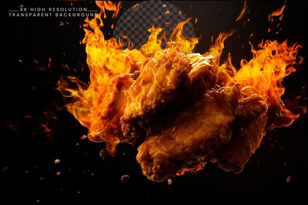 Ali di pollo fritte piccanti e quarto di pollo con fiamma di fuoco sullo sfondo trasparente