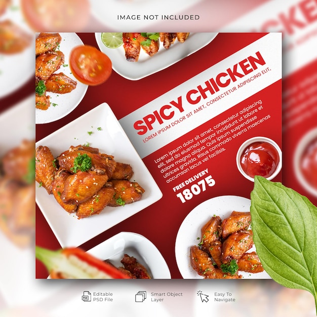 PSD a spicy menu post for a chicken dinner with floating ingredients on it