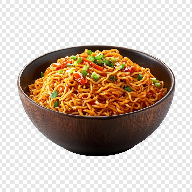 PSD spicy noodles in a wooden bowl