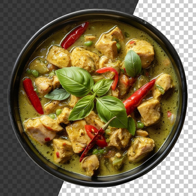 PSD curry verde thailandese piccante con pezzi di pollo e foglie di basilico su sfondo trasparente png