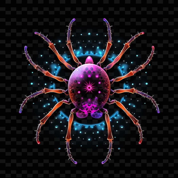 PSD spider nocturnal web intricate neon lines dew drops legs on shape y2k neon light art collections