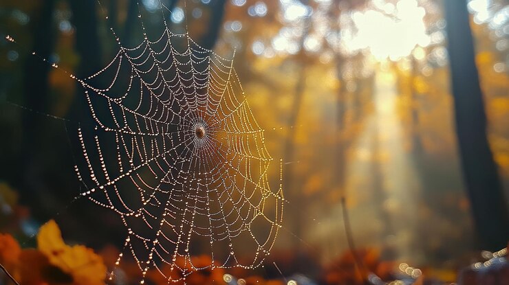 PSD a spider web with dew drops illuminated by the morning sun in an autumnal forest