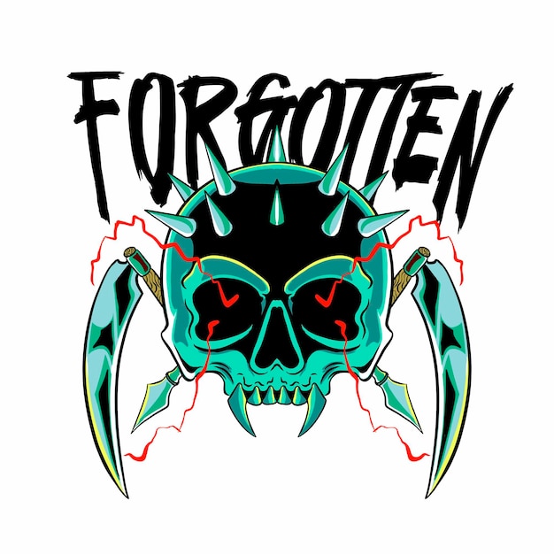 Spiked skull with scythes surrounded by lightning and forgotten text