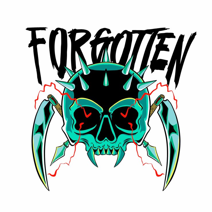 PSD spiked skull with scythes surrounded by lightning and forgotten text