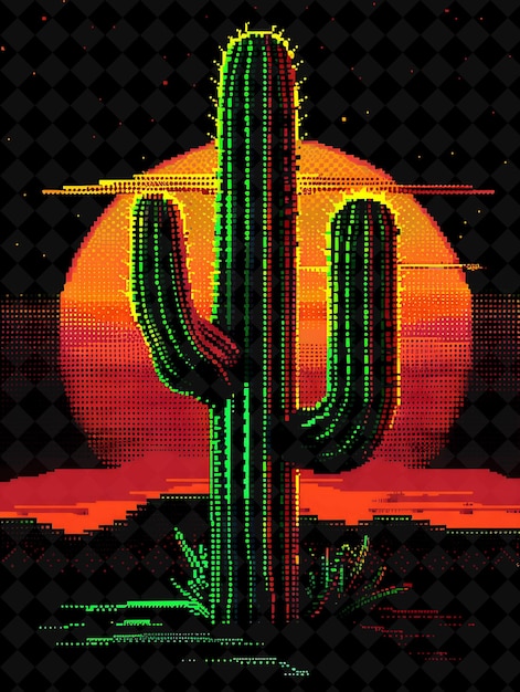 PSD spiky cactus 8 bit pixel con paesaggi desertici e tramonti y2k shape neon color art collections