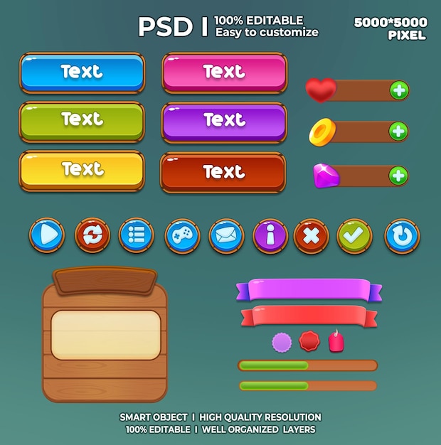 Spil UI-kit, spilelementer, spil UI-knapper, casual spil UI-kit, spilgrafik, interface bruger 2d