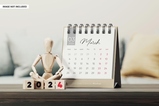 PSD spiral desk calendar with wooden man mockup