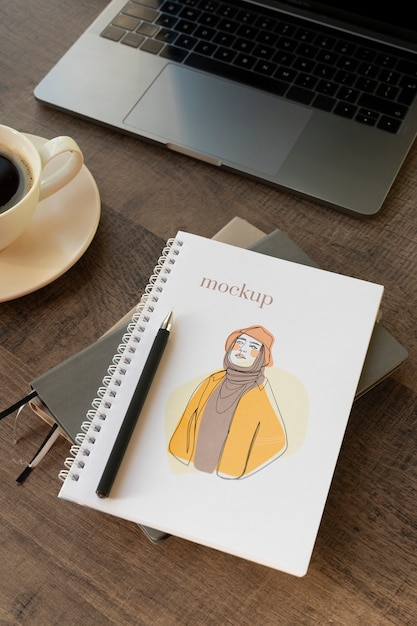 spiral notebook mockup on office table