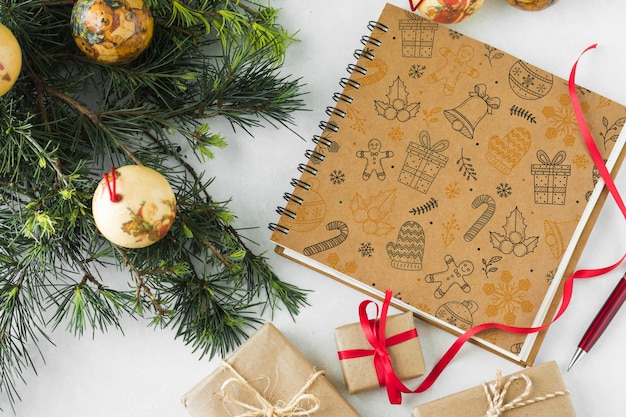 PSD spiral notebook mockup with christmas concept