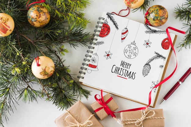 PSD spiral notebook mockup with christmas concept