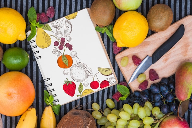 PSD spiral notebook mockup with fruits