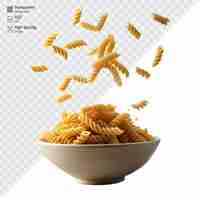 PSD spiral pasta tossed above a ceramic bowl on a light background