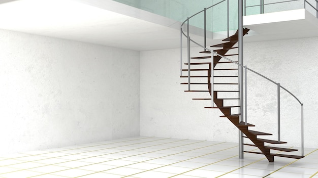 PSD spiral stairs interior mockup with tube railings and wooden 3d illustration