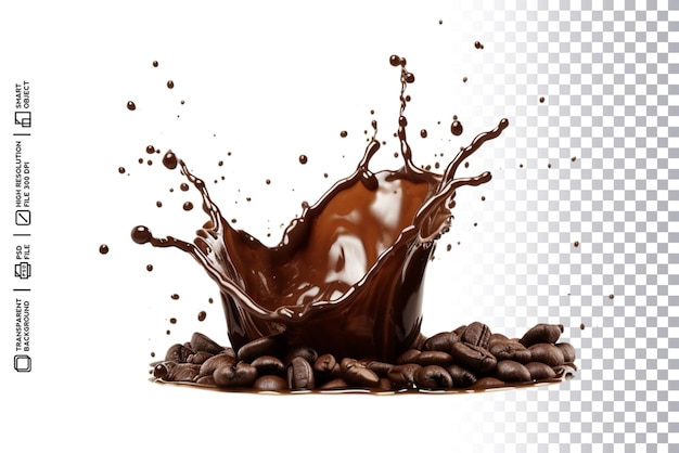 PSD a splash of coffee with coffee beans on a transparent background