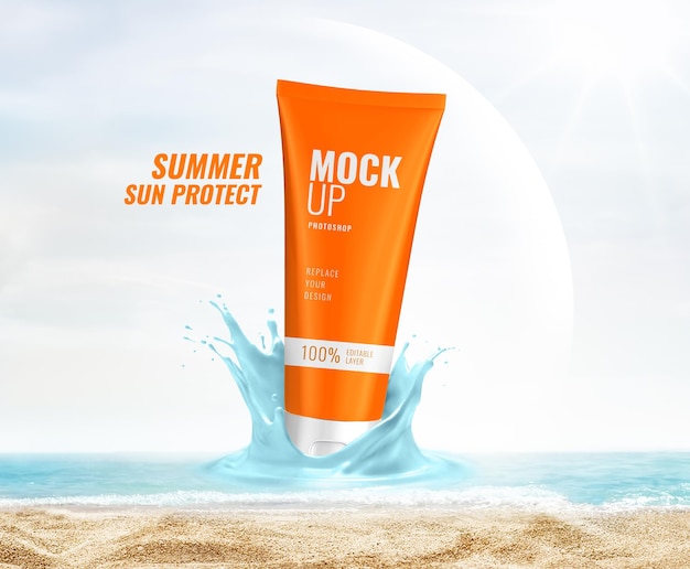 PSD splash lotion on the beach mockup