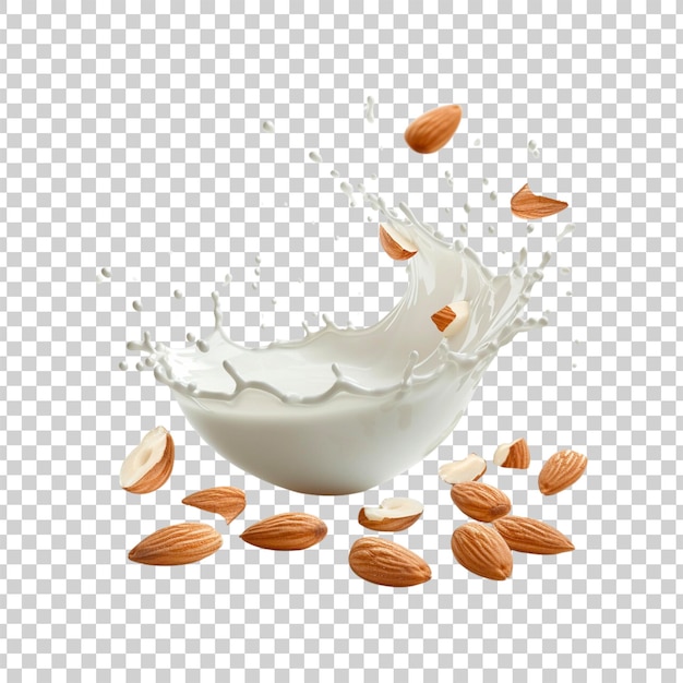 A splash of milk with nuts on a transparent background