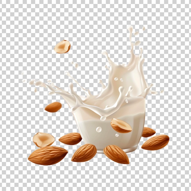 A splash of milk with nuts on a transparent background