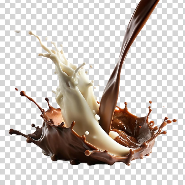 PSD 透明な背景に隔離されたチョコレートと白いミルクの流れを混ぜたスプラッシュ