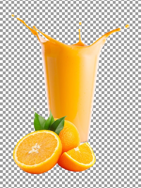 PSD splash in orange juice glass with orange slices on transparent background