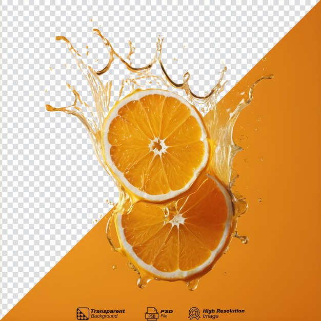 A splash of orange juice with a yellow background and a picture of a splash of orange liquid isolated