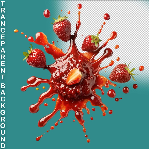 PSD splash of red strawberries with splashes of liquid on a transparent background