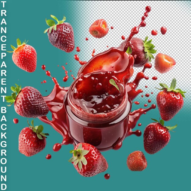 PSD splash of red strawberries with splashes of liquid on a transparent background