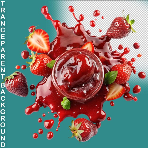 PSD splash of red strawberries with splashes of liquid on a transparent background