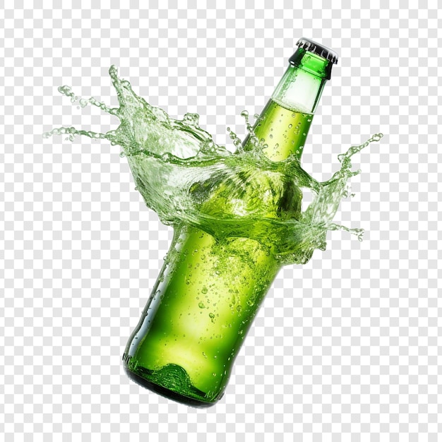 Splash of water on a green bottle isolated on transparent background