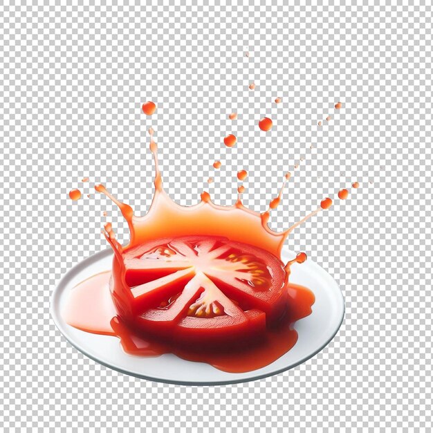 PSD splashing tomato juice with flying basil leaves on transparent background ai generative