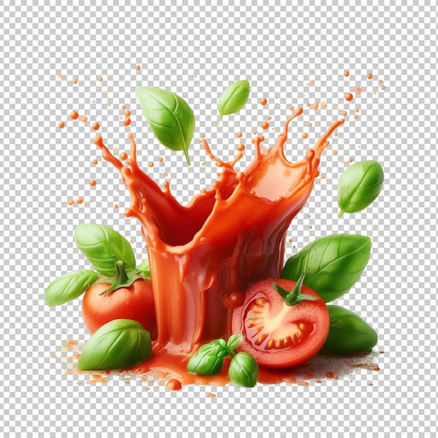 PSD splashing tomato juice with flying basil leaves on transparent background ai generative