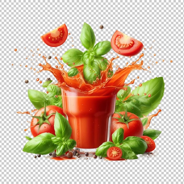 PSD splashing tomato juice with flying basil leaves on transparent background ai generative