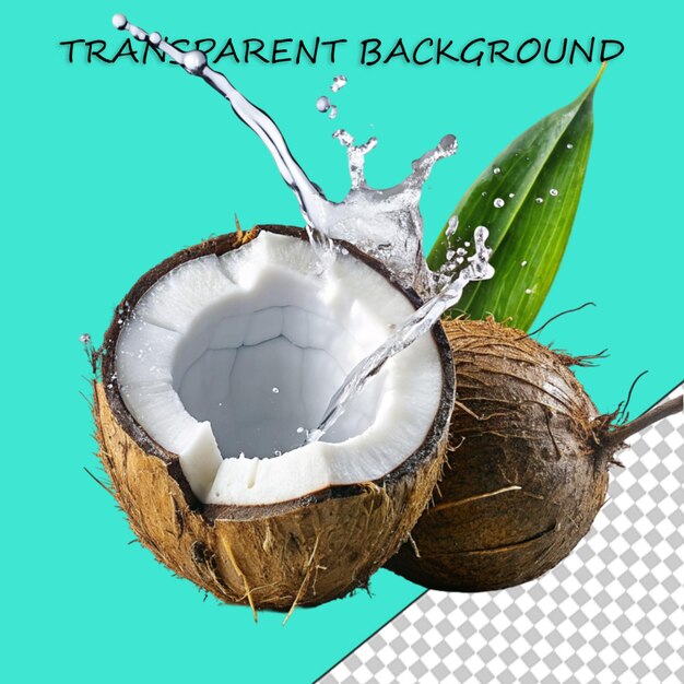 PSD Разделенные кокосовые орехи падают с брызгом воды на белом фоне